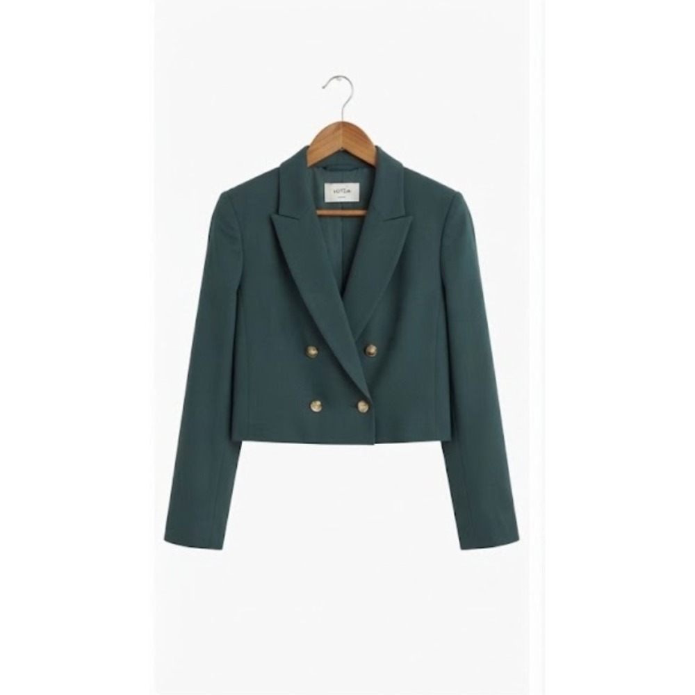 Aritzia Babaton Green Wool Cropped Blazer Size S Tortoise Buttons Lined
